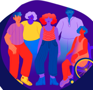 5 illustrated multi-colored people, 4 standing and one in a wheelchair.